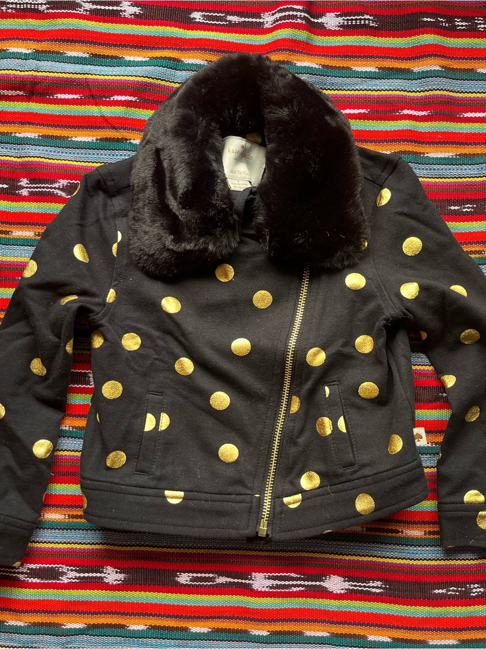 Kate Spade Black and Gold Dot Faux Fur Removable Collar Moto Jacket